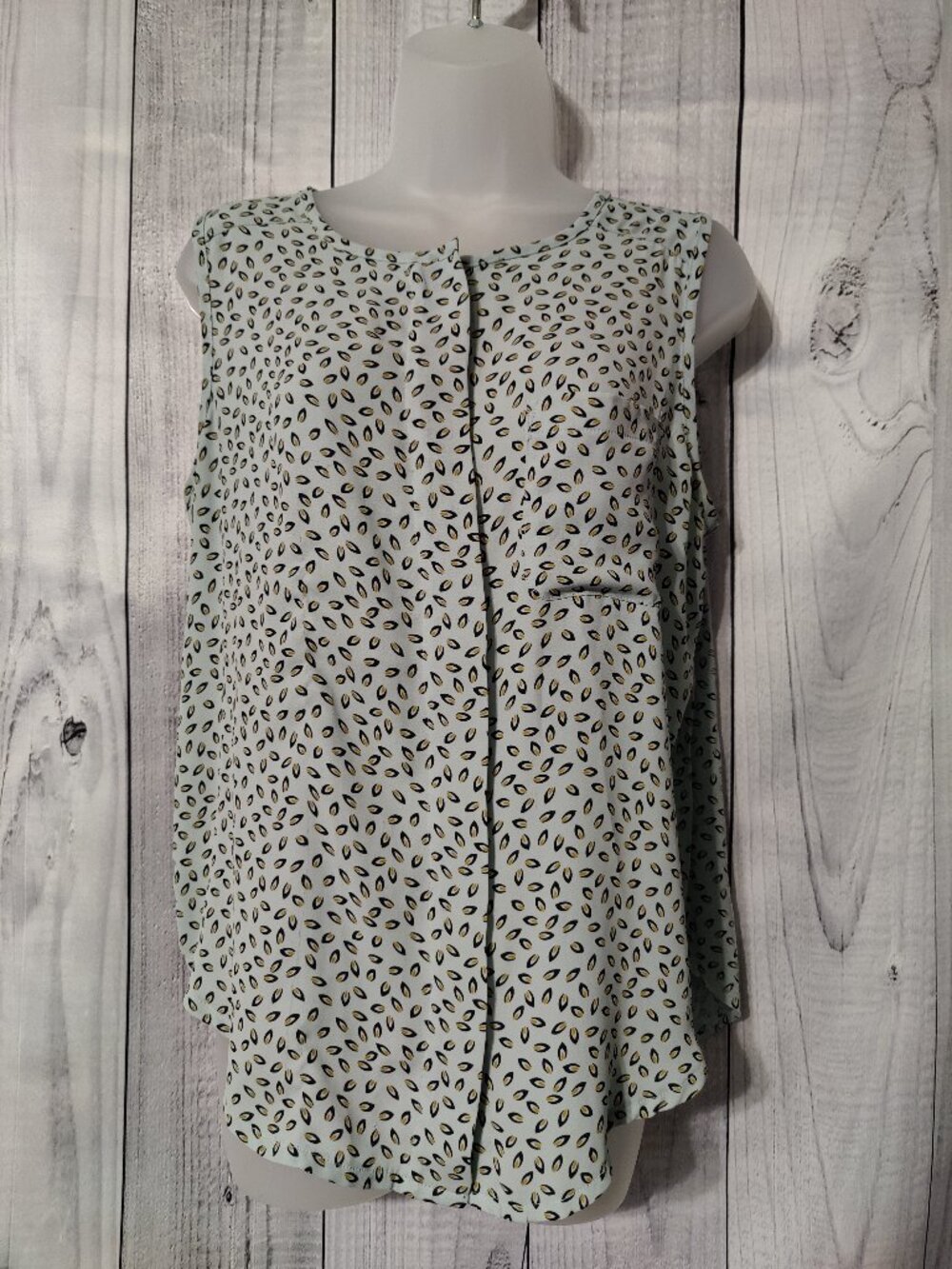 LOFT Teal & Navy Leaf Petiole Print Mixed Media Sleeveless Blouse (PLEASE READ)